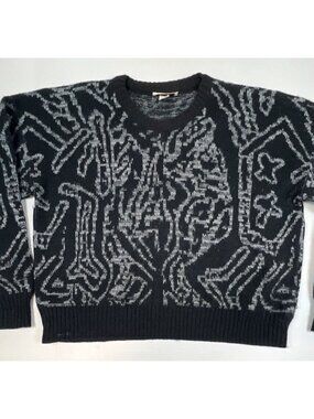 Vintage Beaucoup Men 2XL Black Grey Abstract Geometric Knit Crewneck Sweater